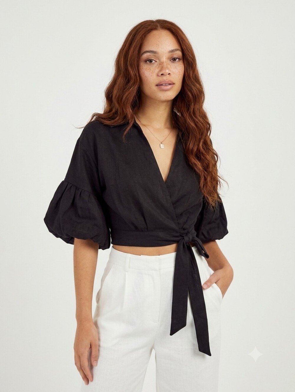Sovere Effect Cropped Shirt Black Wrap Balloon Sleeve Top - Small